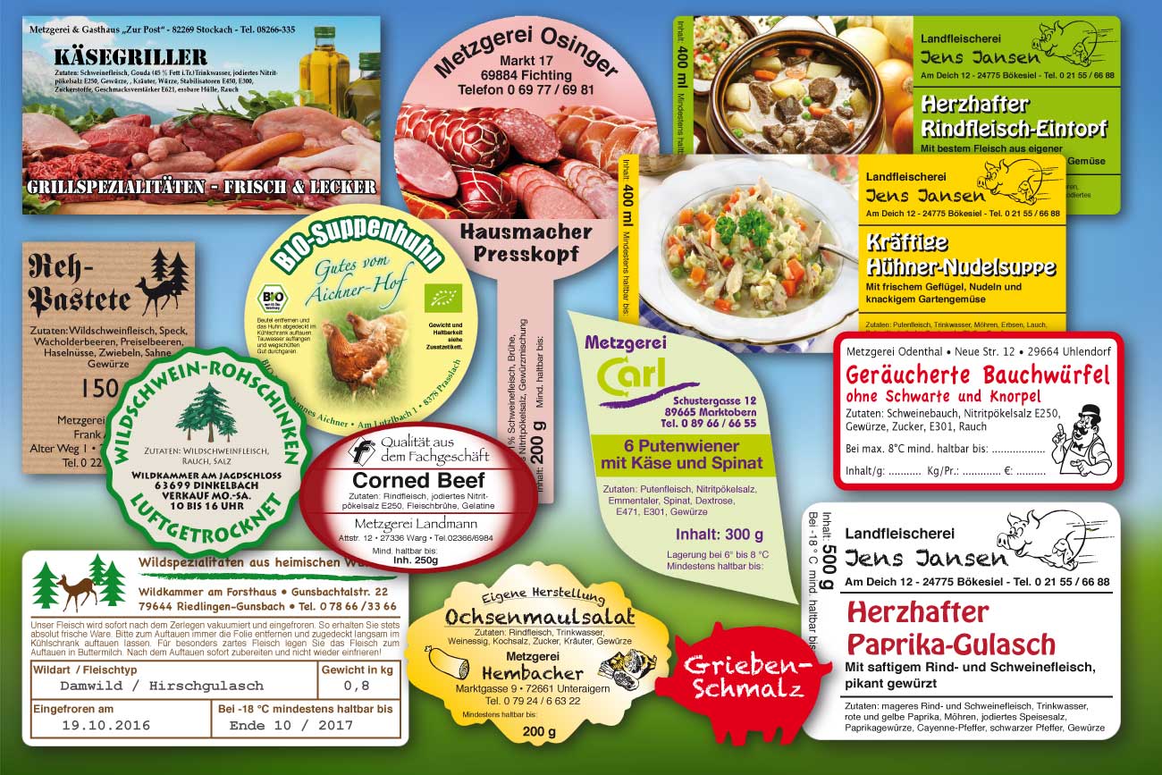 Etiketten für den Fleischereibedarf, für Metzgereien und Wildbetriebe