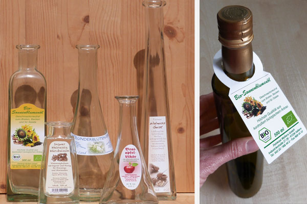 Flaschenetiketten und Flaschenanhänger für Öle, Essig und Alkohol