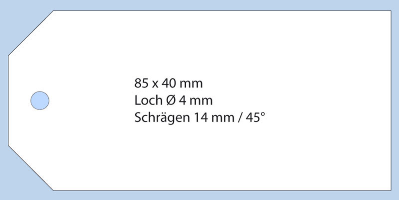 Anhänger in Sonderstanzform mit abgeschrägten Ecken, 85x40mm Anhängeetikett in Sonderstanzform mit abgeschrägten Ecken im Format 85x40 mm aus weißem Karton