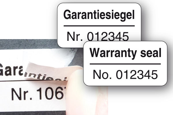 PE-Security-Garantiesiegel - Zerstörung bei Ablöseversuchen Manipulations- und übertragungssichere PE-Security-Garantiesiegel mit fortlaufender Nummerierung