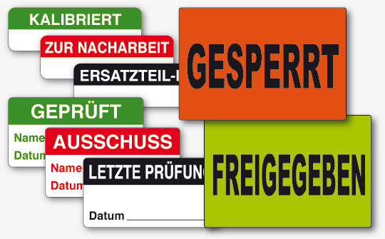 QS-Labels mit Standardtexten oder individuell QS-Aufkleber und Prüfetiketten für Qualitätssicherung für geperrt und freigegeben