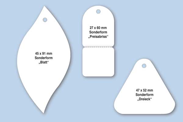 Anhängeetiketten aus weißem Kartonmaterial in verschiedenen Sonderformen und Größen
