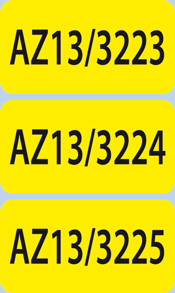 Nummerierte Etiketten aus gelbem Papier mit individuellen Ziffernreihen und in vielen Formaten