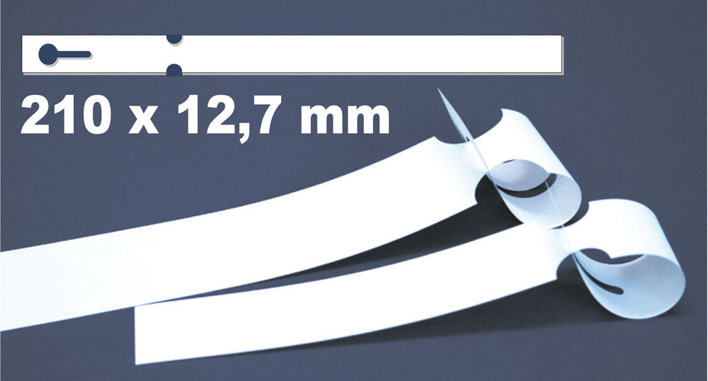 Schlaufenetiketten 210x12,7mm aus weißem Polyester mit Durchziehlasche  auf Bogen für Laserdrucker