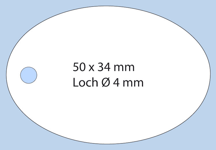 Hang Tag, weißer Karton, oval, Format 50x34mm Ovale Anhängeetiketten mit vorgestanztem Loch zum Aufhängen mit Faden