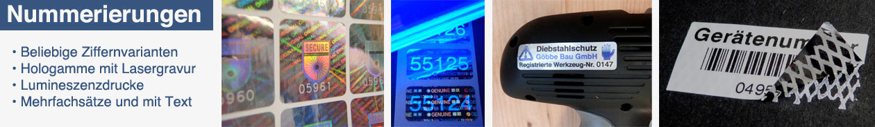 Individuell nummerierte Sicherheitsetiketten mit gelaserter oder unsichtbarer Lumineszenz-Nummerierung