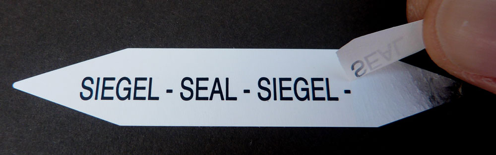Zweisprachige Sicherheitsetiketten SIEGELSEAL aus selbstzerstörender PE-Security-Folie