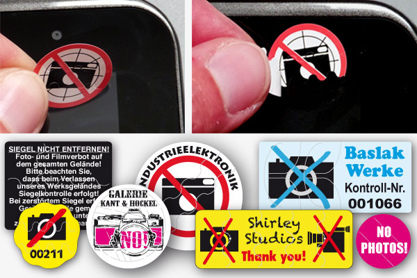 Fotoverbot-Aufkleber für Smartphones mit Standardmotive oder individuellem Aufdruck auf Sicherheitsfolie
