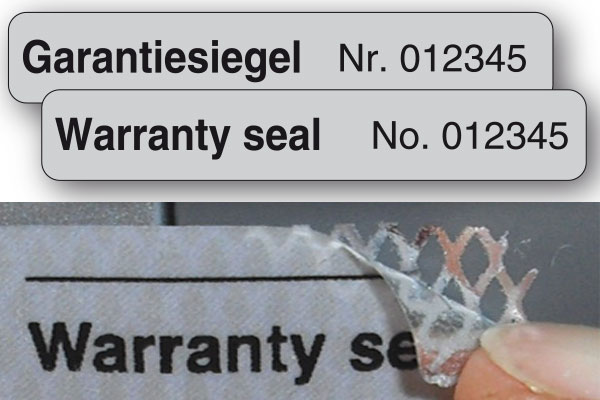 Nummerierte Garantiesiegel aus manipulationssicherer Rautenmusterfolie Garantie-Siegel mit fortlaufender Nummerierung und rückseitigem Rautenmuster-Effekt bei Ablöseversuchen