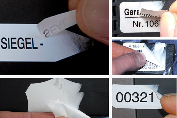 PE-Security-Siegel - kein Manipulationsversuch bleibt unbemerkt Manipulationssichere und individuell bedruckte Sicherheitssiegel aus PE-Security-Folie sind leicht zerstörbar