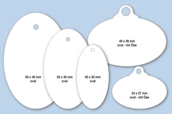 Ovale Anhängeetiketten aus weißem Kartonmaterial in verschiedenen Formaten