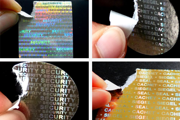 Hologrammpapiere - z.B. als Verpackungs- und Produktsiegel Hologrammpapiere in gold oder silber mit verschiedenen Hologrammtexten zum Versiegeln und Verschließen