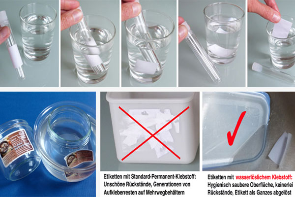 Wasserlöslicher Kleber für einfaches, hygienisch sauberes Ablösen Etiketten mit wasserlöslichem Klebstoff  lösen sich bei Wasch- und Spülvorgängen ab und können leicht entfernt werden
