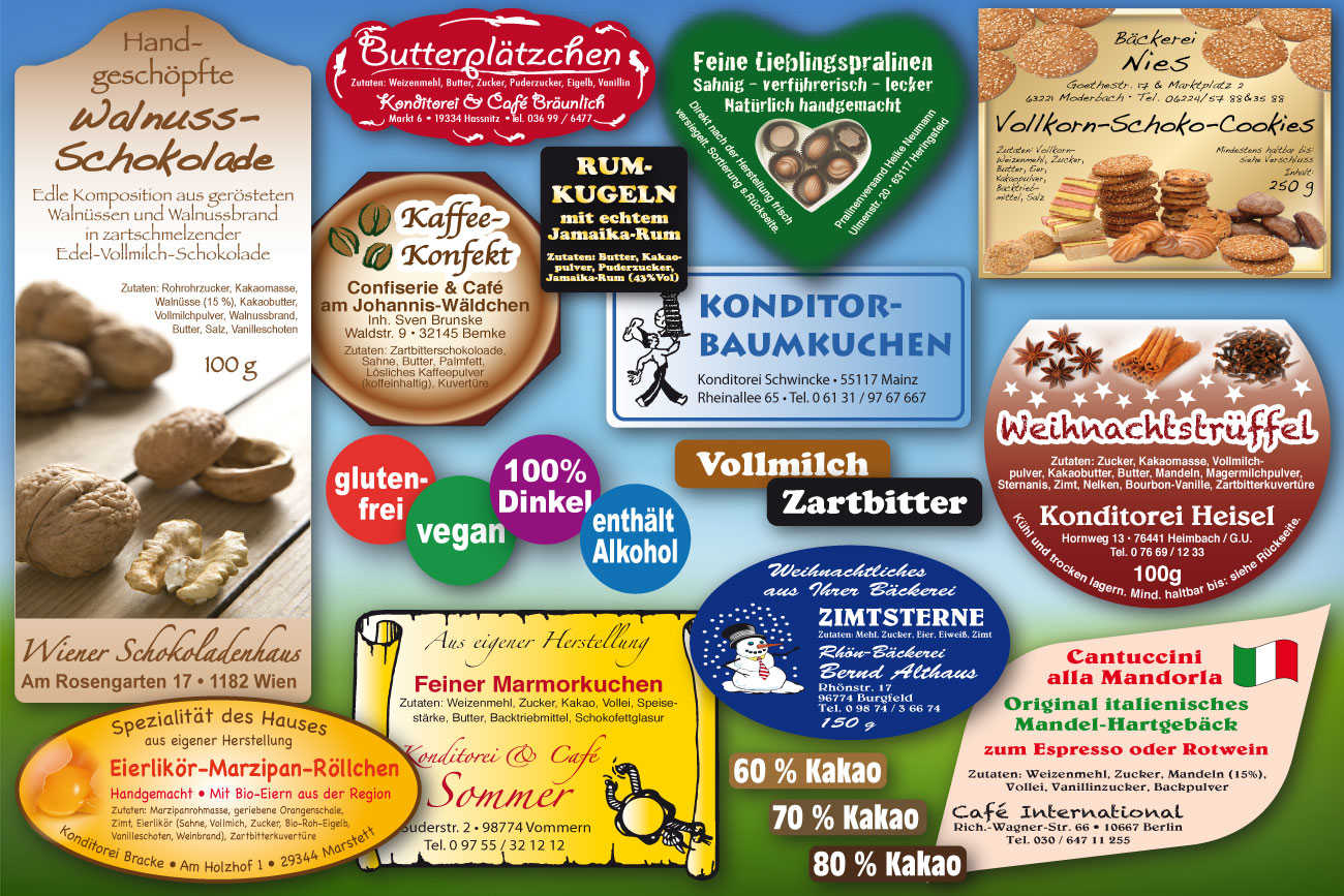 Individuelle und attraktive Produktkabels für Konditoreiprodukte Aufkleber für Konditoreien, z.B. Pralinenetiketten, Gebäckaufkleber, Schokoladenlabels
