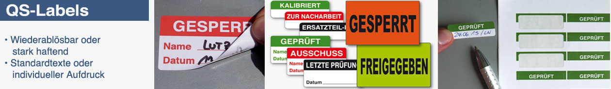 QS-Labels - Standardtexte oder individueller Druck QS-Etiketten mit wieder ablösbarem Klebstoff auf Rolle oder Bogen