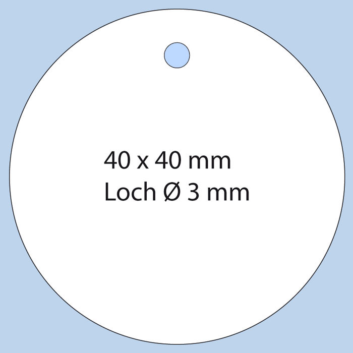 Rundes Anhängeetikett mit Loch für Faden im Format 40 mm Durchmesser aus weißem Karton