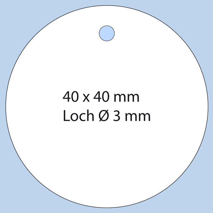 Anhängeetikett, weißer karton, rund 40x40 mm Rundes Anhängeetikett mit Loch für Faden im Format 40 mm Durchmesser aus weißem Karton