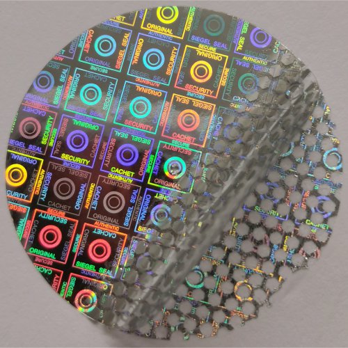 Blanko Hologrammaufkleber in runden Formaten mit Security Square Motiv und rückseitigem Wabenmuster-Effekt