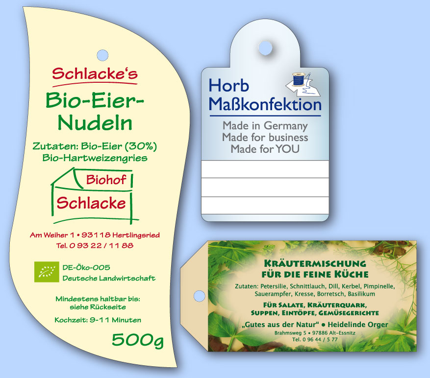 Hang Tags in Sonderformen - hochwertig bedruckt im Offsetverfahren Hang Tags in Sonderformen als Anhängeetiketten für Flaschen und andere Produkte