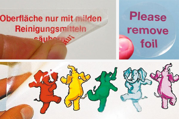 transparente PE-Labels mit Non-Perm-Kleber Individuelle Aufkleber aus transparenter PE-Folie, die mit einem wieder ablösbaren Klebstoff beschichtet ist