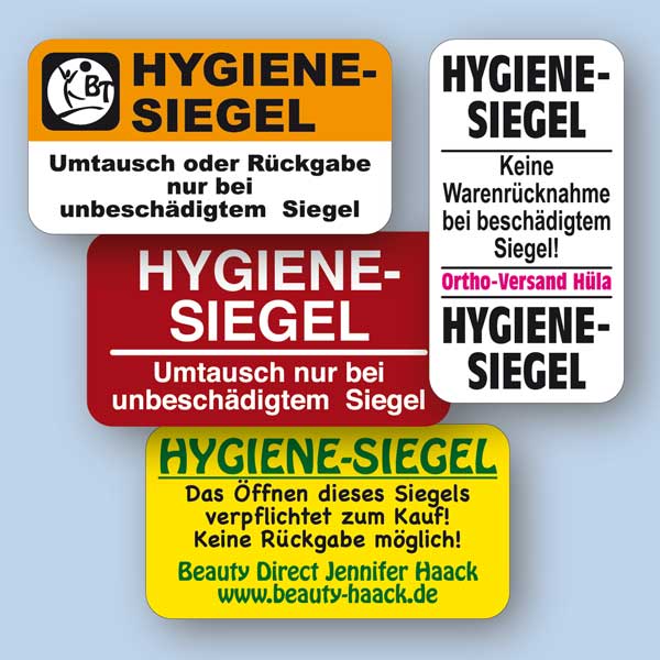 Hygienesiegel aus Sicherheitsfolie individuell bedruckt mit Wunschtext rechteckig 28x15 mm