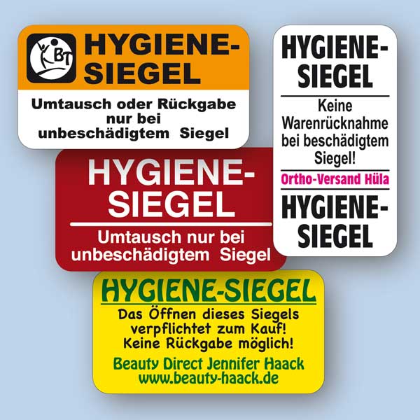 Individuelle Hygienesiegel für Verpackungen insbesondere im Online-Handel Hygienesiegel aus Sicherheitsfolie individuell bedruckt mit Wunschtext rechteckig 28x15 mm
