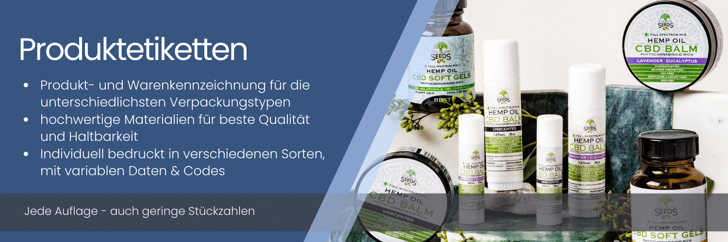 Produktetiketten individuell bedruckt für verschiedene Verpackungstypen Individuell bedruckte Produktetiketten in verschiedenen Sorten
