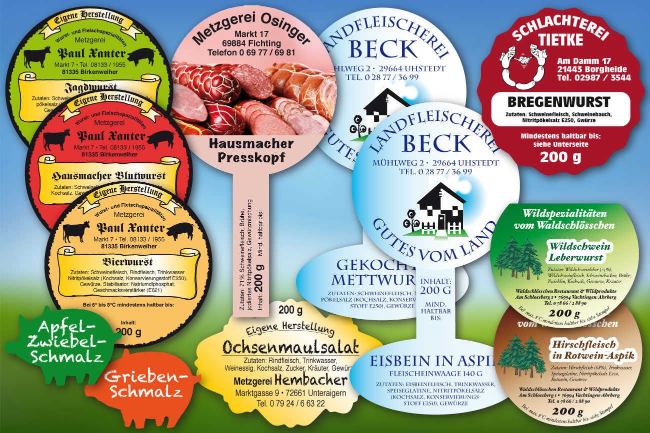 Individuelle Gläseretiketten in verschiedenen Sorten für Wurstgläser und andere Fleischereiprodukte