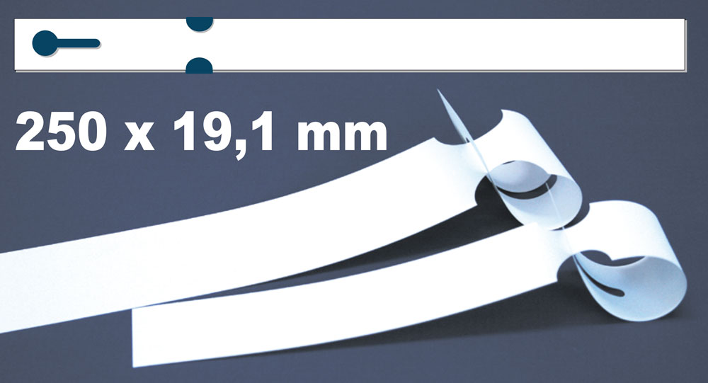 Schlaufenetiketten 250x19,1 mm aus weißem Polyester mit Durchziehlasche  auf Bogen für Laserdrucker