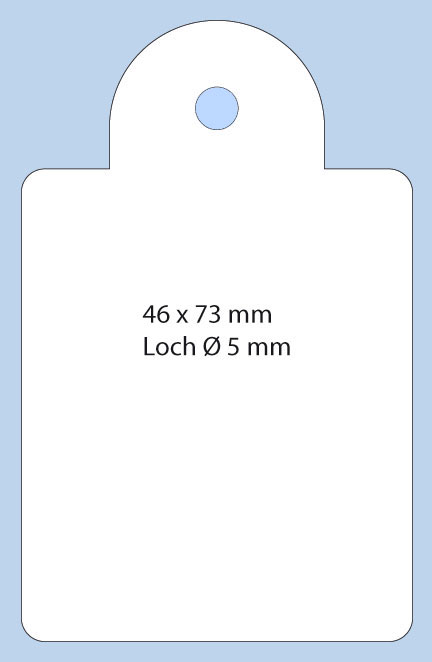 Anhängeetikett in Sonderstanzform mit Loch für Faden im Format 46x73 mm aus weißem Karton
