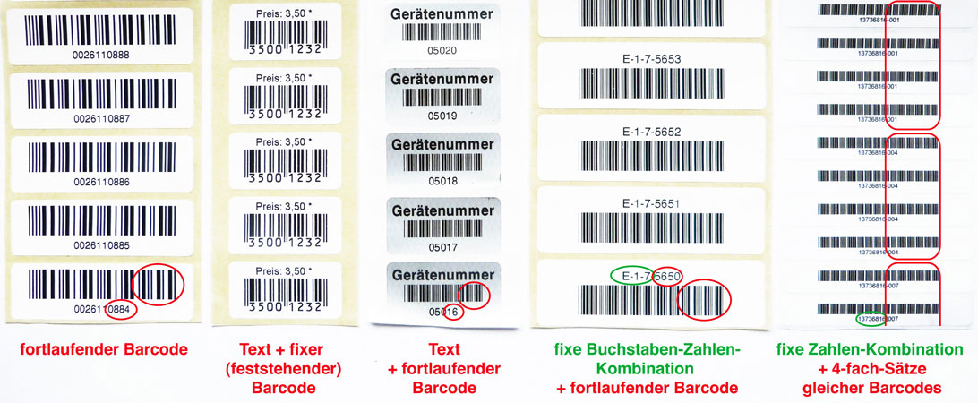 Etiketten mit Strichcodes und Nummerierungen, auf- oder absteigend, Mehrfachsätze und mit Texten