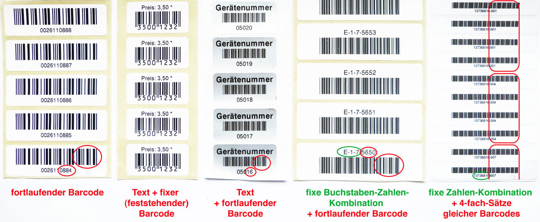 Strichcodes, Nummerierungen, auf- oder absteigend, Mehrfachsätze Etiketten mit Strichcodes und Nummerierungen, auf- oder absteigend, Mehrfachsätze und mit Texten