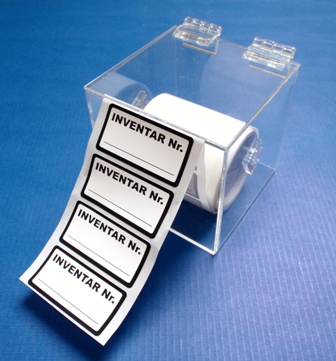 Etikettenspender in transparenter Acryl-Box für staubfreies Aufbewahren der Rollenetiketten