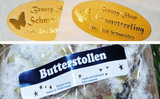 Attraktiver Heißprägedruck - auf Papier, Folie, Acetatseide Individuell bedruckte Etiketten aus Papier oder Folie mit Heißprägedruck