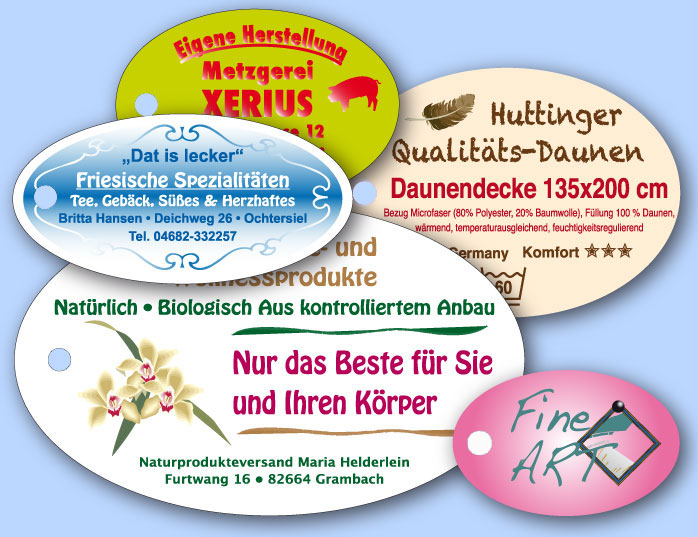 Hang Tags in ovaler Form mit hochwertigem Offsetdruck Individuelle beidseitig bedruckte Anhängeetiketten mit mehrfarbigem Offsetdruck