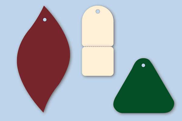 Anhängeetiketten aus farbigem Karton in Sonderformen in verschiedenen Formaten und Farben