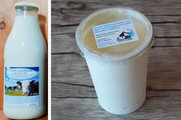 Etiketten für Milchflaschen und Joghurtbecher sowie andere Molkereiprodukte 