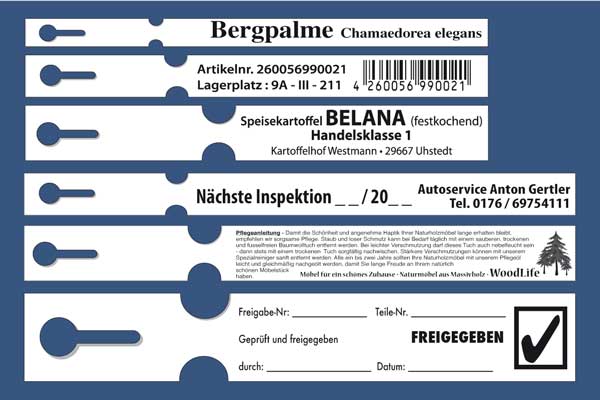 Warenkennzeichnung mit Schlaufenanhängern in verschiedenen Größen Bedruckte Schlaufenetiketten aus weißem Polyester als Warenanhänger in verschiedenen Formaten