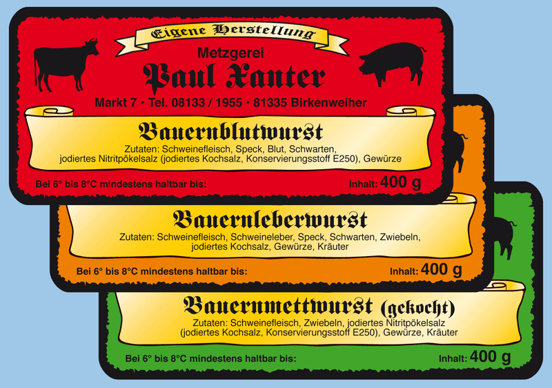 Konservenetiketten für Hausmacher Wurstdosen Dosenetiketten für 400g Wurstkonserven  in Metzgereien, Schlachtereien, Fleischereien