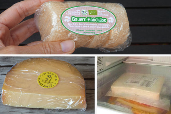 Individuelle Produktetiketten in verschiedenen Sorten für verpackten Käse in Kühltheken