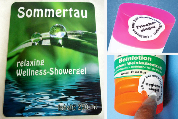 Produktlabels und Hygienesiegel Produktetiketten und Hygiene- und Frischesiegel für Körperpflegeproukte